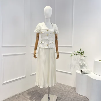 2022 Новое Летнее Высококачественное Элегантное Платье Трапециевидной формы с квадратным Воротником-крючком и Цветочной полой вышивкой на пуговицах и кармане