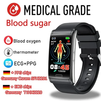 2023 Новый Умный Браслет E600 Неинвазивный Уровень глюкозы в крови IP68 Водонепроницаемый 24-Часовой Температурный ЭКГ + PPG Часы для измерения артериального давления