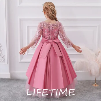 2023 Розовые Платья с бантом для девочек в цветочек, Элегантное Атласное Бальное Платье Принцессы Для Детского Дня Рождения, Простое Платье с Бантом Для Первого Причастия