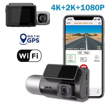 3-канальная видеорегистраторная камера 4k спереди + 1080P внутри + 2K камеры заднего вида Встроенный Wi-Fi с GPS-треком wifi автомобильный черный ящик