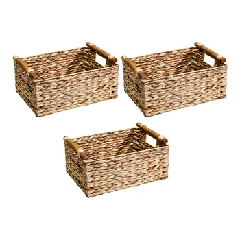 3X Плетеная корзина Прямоугольной формы С деревянными ручками для полок, Корзина для хранения гиацинта, натуральные корзины для организации