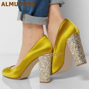 ALMUDENA/ Золотые Блестящие туфли-лодочки на не Сужающемся книзу массивном каблуке С блестками, Атласные свадебные туфли Горчично-желтого Цвета, Женская Элегантная Банкетная Обувь US14
