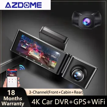 AZDOME M550 3-канальная видеорегистраторная камера, Автомобильный видеорегистратор спереди и внутри сзади, Двухканальный 4K + 1080P, С GPS, WiFi, ИК-камерой ночного видения 32G