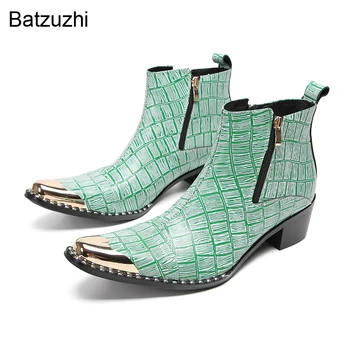 Batzuzhi/ Мужские Ботинки с Индивидуальностью; Обувь с Серебристым Металлическим Носком; Ботильоны из натуральной кожи; Мужские Ботинки на каблуке 6 см; Модные Вечерние Ботинки для Мужчин