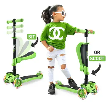 Hurtle ScootKid для малышей с 3 колесами катается на игрушечном самокате со светодиодными колесами, зеленый