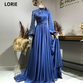 LORIE Royal Blue Элегантное Мусульманское Женское Вечернее платье Robes De Soirée Бусы Дубай Арабские Платья с длинными рукавами для выпускного вечера