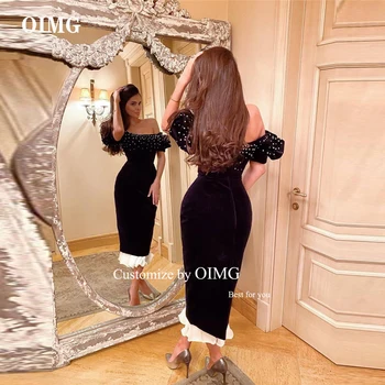 OIMG/ Пикантные вечерние платья из черного бархата с открытыми плечами и жемчугом, вечерние платья с короткими рукавами в арабском стиле для женщин, вечерние платья для выпускного вечера длиной до чая