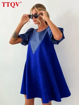 TTQV Элегантное Синее Женское платье из Искусственной кожи 2023, Модные Платья в стиле Пэчворк с Короткими рукавами, Повседневные Свободные Мини-Платья, Женская Одежда
