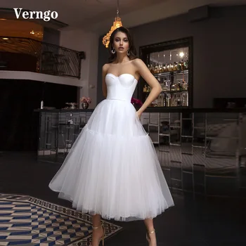 Verngo Простые Короткие Свадебные платья Трапециевидной формы Из атласа и тюля, вечерние платья для Невесты Чайной Длины, платье размера Плюс 2022