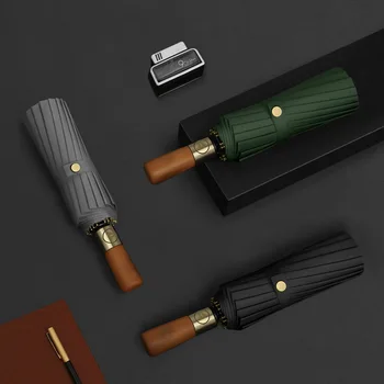 Автоматический зонт с бронзовой матовой ручкой, солнцезащитный зонт, черный резиновый солнцезащитный крем, солнечный дождь, трехкратный, с 16 костями