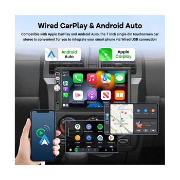 Автомобильная стереосистема Carplay Android Auto на один Din, 7-дюймовый радиоприемник с сенсорным экраном, Зеркальная связь/ Bluetooth/ FM-радио/ Резервная камера + микрофон