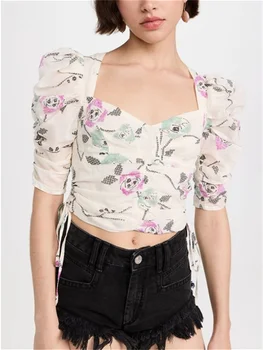 Женская короткая блузка из 100% хлопка с цветочным принтом, квадратный воротник на Шнурке, Женская рубашка 2023, Новинка