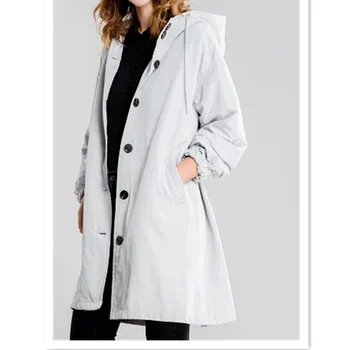 Женская повседневная ветровка на пуговицах 2023 года, куртка с капюшоном, длинная ветровка на талии, ветрозащитная и водонепроницаемая куртка с длинным рукавом