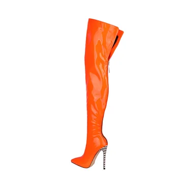 Женские Осенние Модные ботинки 2022 г., обувь до бедра с острым носком, Пикантные Яркие сапоги на молнии из лакированной кожи на высоком каблуке