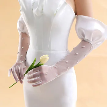 Женские тонкие свадебные перчатки, Изысканные Свадебные Длинные Белые перчатки с рюшами и жемчугом, Атласные тюлевые перчатки для церемонии