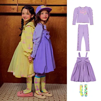 Коллекция 2023 года, Осенне-зимнее новое платье Принцессы с фиолетовым бантом для девочек BEBEBE, Детская футболка с рукавами-пузырями, Комплект леггинсов
