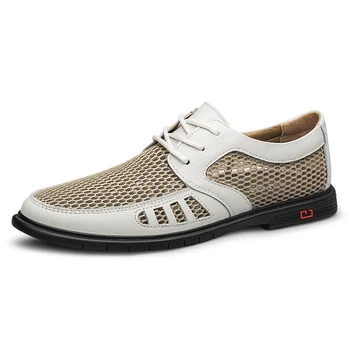 Летняя обувь из натуральной кожи, Дышащая обувь для вождения, Высококачественная Офисная деловая обувь, Большой Размер 35-46, мужские Мокасины на шнуровке