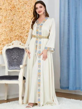 Марокко Вечернее Платье Абайя Комплект из 2 предметов Турция С V образным вырезом и Разрезом Длинные Дубайские Вечерние Мусульманские Платья Кафтаны для Женщин Eid Vestidos Robe