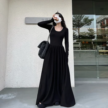 Осенне-зимнее Приталенное Длинное платье 2023 с U-образным вырезом, Облегающее Талию, Черное Платье В пол, Вязаное Платье с Длинным рукавом