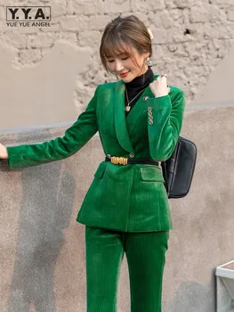 Офисный женский Винтажный зеленый бархатный костюм, широкие брюки, Блейзер с поясом, куртка, Комплекты из двух предметов, Женский деловой рабочий приталенный костюм