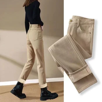 Плюшевые джинсы для женщин, которые можно носить зимой 2022, Новый стиль, Прямые Широкие хлопковые брюки цвета Хаки, утолщенные Джинсы с напуском