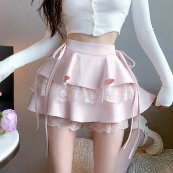 Розовая мини-юбка с оборками, женская Сказочная кавайная кружевная лоскутная Двухслойная Милая повязка с высокой талией, сексуальные короткие юбки