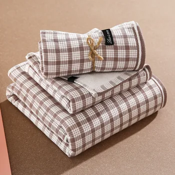 Розовый Набор полотенец в клетку, 3 шт., Японский Дизайн, 100% Чистый хлопок, Большое Банное полотенце для семьи, качественное полотенце для волос, Ванная комната