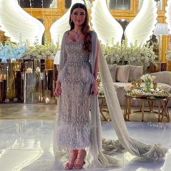 Роскошное женское вечернее свадебное платье из Дубая с перьями, Блестящая серая Русалка 2023, вечерние платья для свадебной вечеринки