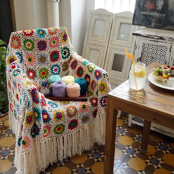 Ручной работы разноцветный бабушкин квадратный плед с кисточками, вязаный крючком, афганский плед на диван с кисточками, войлочная подушка в пасторальном стиле
