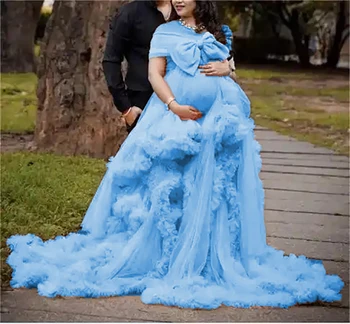 Синие платья для беременных с оборками для фотосессии, Многоуровневый тюль с оборками, Коричневое Платье для беременных, халат для беременных