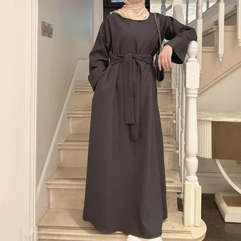 Скромные простые Абайи для женщин, Мусульманское платье Макси с поясом, Ид Рамадан, Исламская одежда, Арабский халат, Дубай, Турция, Кафтан, Халат Джалабия