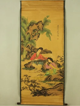 Старинная картина, традиционная китайская красивая девушка, играющая на картине guzheng, прокрутка, старая бумажная картина
