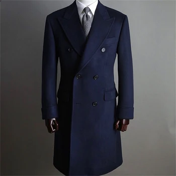 Темно-синий костюм, куртки, Твидовый тренч, мужское пальто, Длинное двубортное пальто на заказ, Блейзер большого размера для бойфренда, деловая одежда