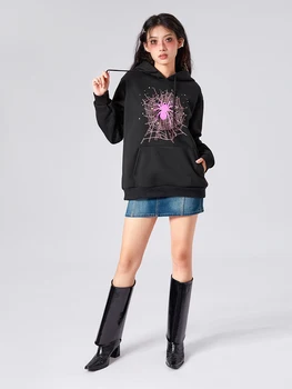 Толстовка оверсайз Y2k с капюшоном для женщин, винтажная толстовка с принтом в виде паутины с эстетичным гранжевым дизайном - Уличная куртка