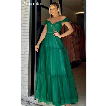 Тюлевое платье для выпускного вечера Amanda с открытыми плечами, Темно-зеленое вечернее платье трапециевидной формы с коротким рукавом, Вечерний халатик для влюбленных, в стиле милой девушки فا