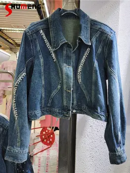 Уличная элегантная изысканная джинсовая куртка со стразами, женская весенняя новинка 2023, Свободная верхняя одежда и пальто с отворотами