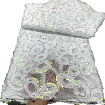 Французские африканские тюлевые кружевные ткани 2023 Белая кружевная ткань для нигерийской вечеринки, вышивка пайетками, сетчатая кружевная ткань J99-3