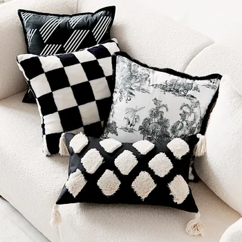 Французский чехол для подушки Ретро-подушка в шахматном порядке Тканая Подушка Simplicity Чехол для дивана для гостиной Черный Белый