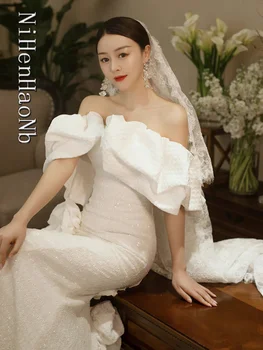 Элегантное Свадебное платье Русалки с открытыми плечами, оборками, Коротким рукавом, Белое Свадебное платье для Женщин, Свадебное платье